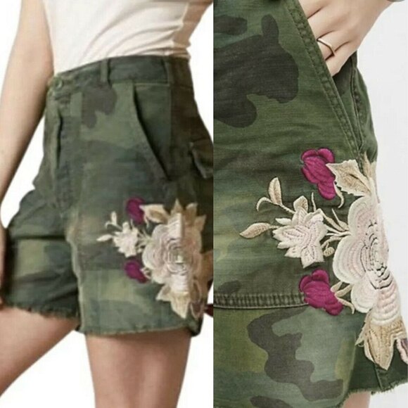 Free People Size 0 Embroidered Floral Camo Boho Cotton High Rise Bermuda Shorts - Picture 5 of 12